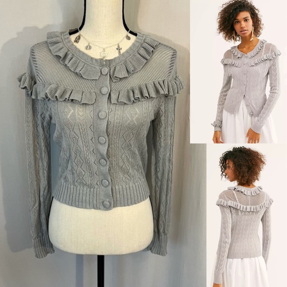 LoveShackFancy Sweaters - LoveShackFancy Hayden Ruffle Cardigan Sweater Cottagecore, Gray, Small, NWT